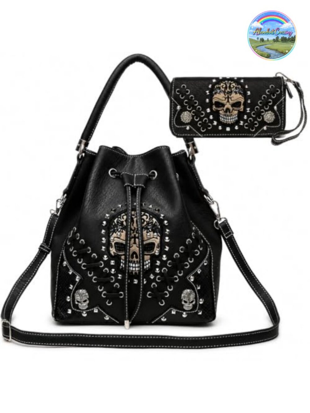 Skull Bucket Purse with Matching Wallet for Women - Faux Leather Gothic Handbag